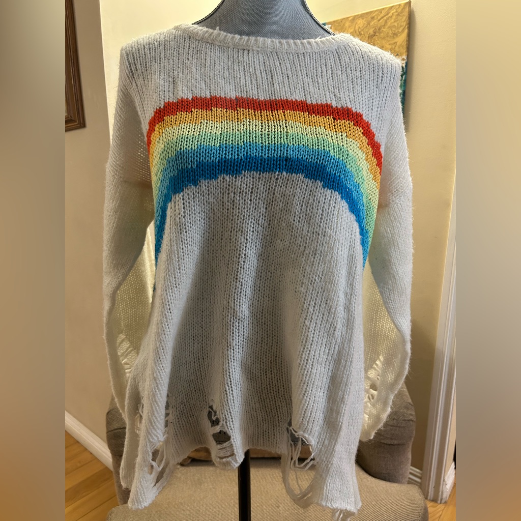 Wildfox Distressed Lennon Lenon White Label Sweater Rainbow